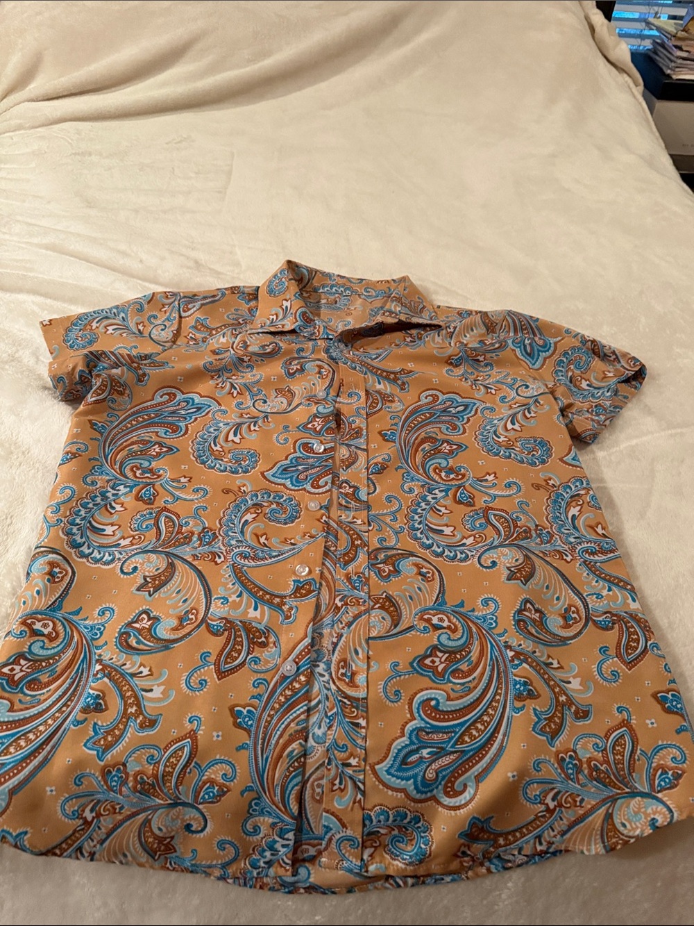 SHEIN Tan & Blue Paisley Short-Sleeve Button-Down Shirt